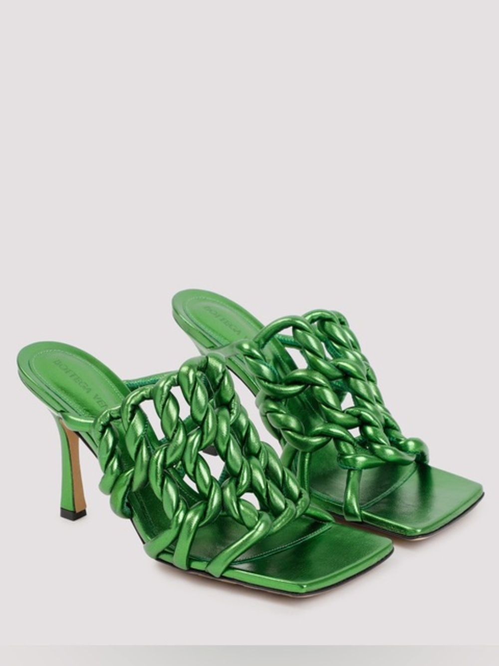 BOTTEGA VENETA Knotted Leather Stretch Mules Reflection Weave Field Green NIB 7